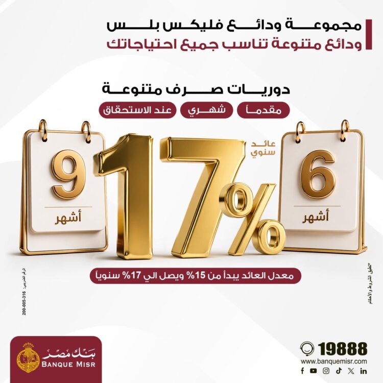بنك مصر يطلق مجموعة ودائع “فليكس بلس” بعوائد تنافسية تصل الي 17% سنويا ودوريات صرف متنوعة تلبي احتياجات مختلف شرائح العملاء